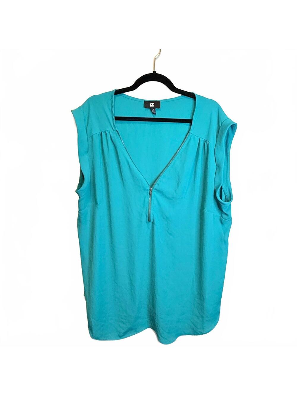 IZ Byer 3X Turquoise Blue Zip Front Blouse Cap Sleeve Tunic Top Plus Size
